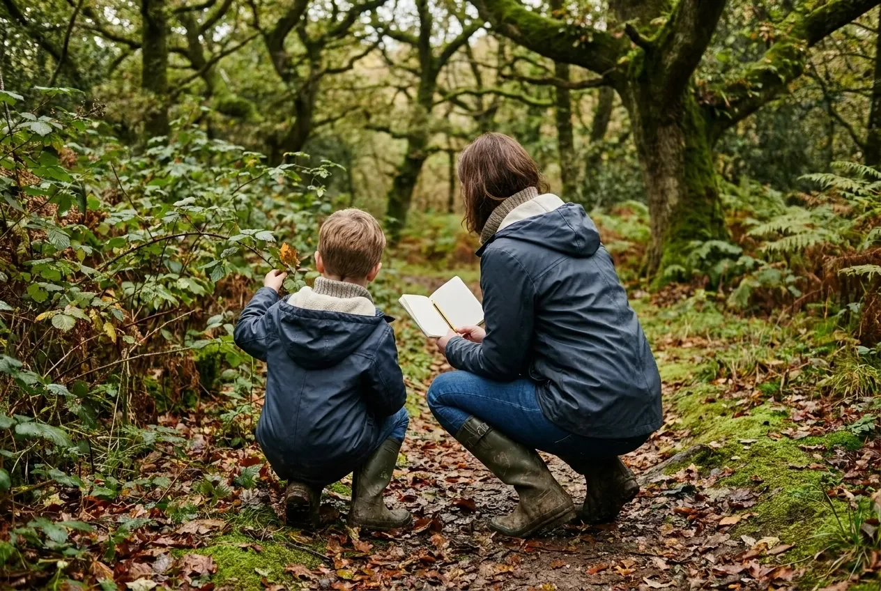 A parent and child pausing to explore and make notes during a woodland walk.