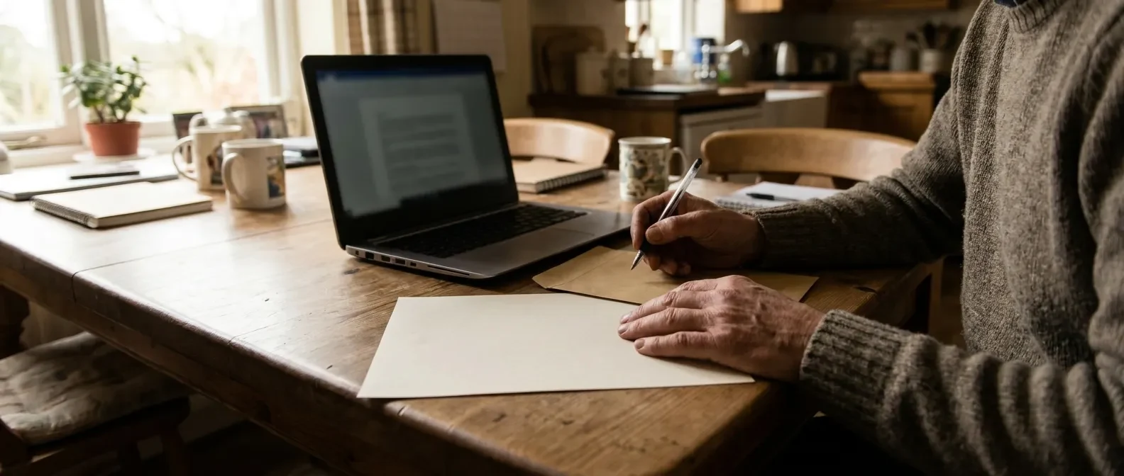 Preparing a deregistration letter at a kitchen table with a laptop, paper, envelope and pen.