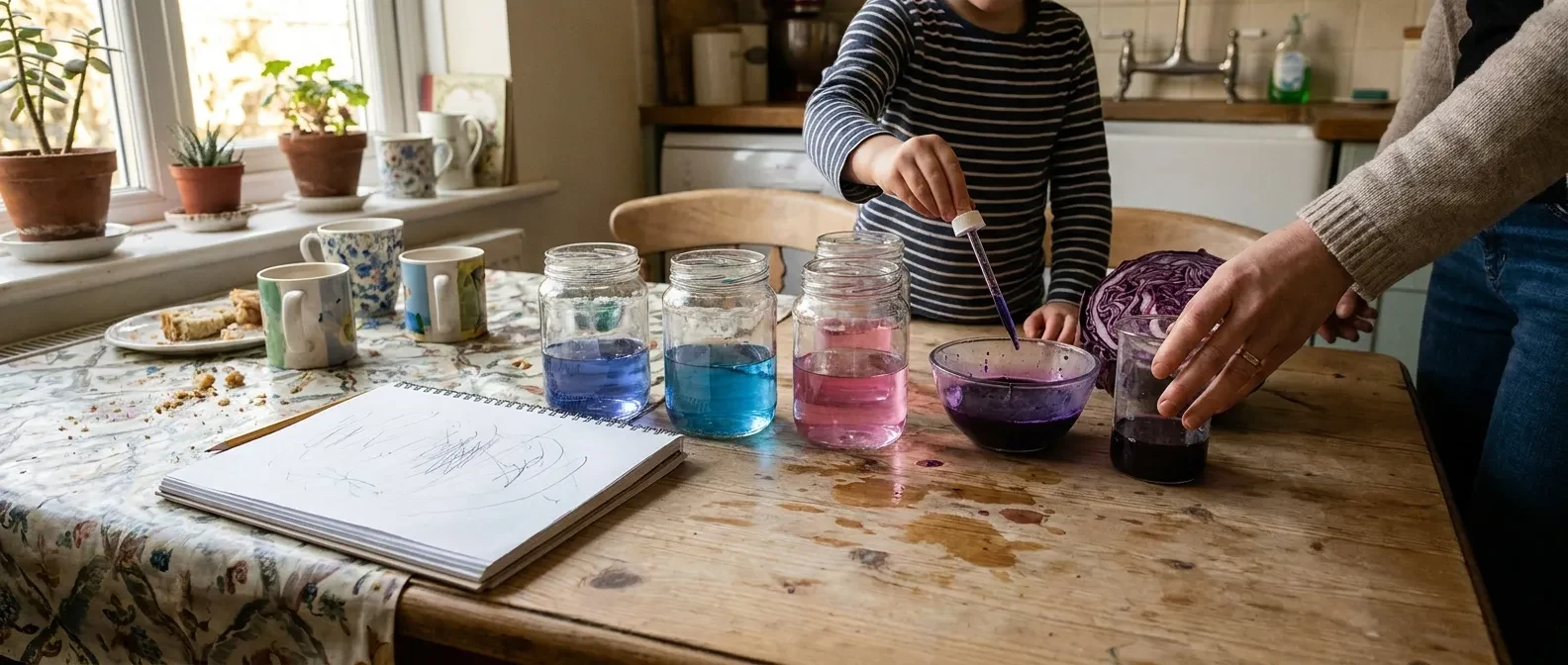 A child and adult discovering colour changes together through a simple kitchen-table science experiment.
