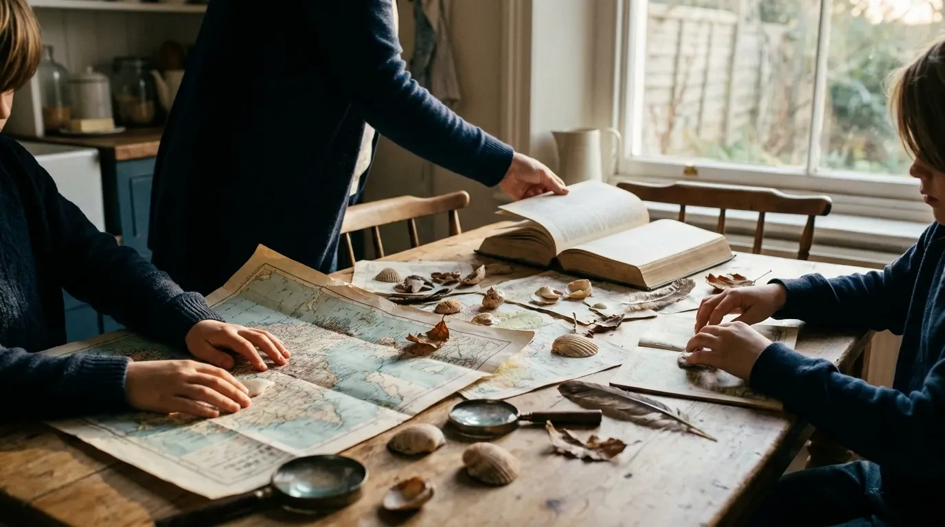 A family following one question across maps, books, shells, leaves and nature finds around the kitchen table.