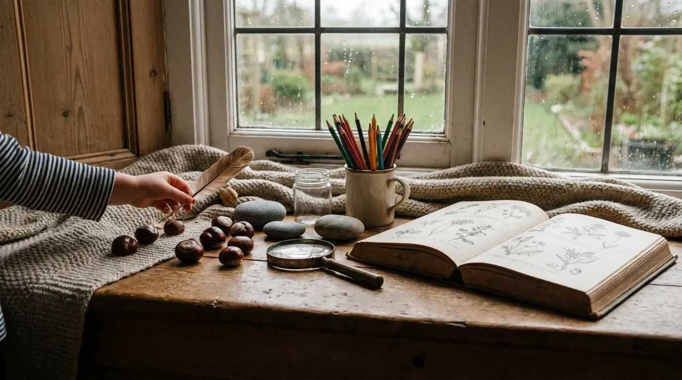 A feather, conkers, stones, pencils, a magnifying glass and a nature book left invitingly by the window.